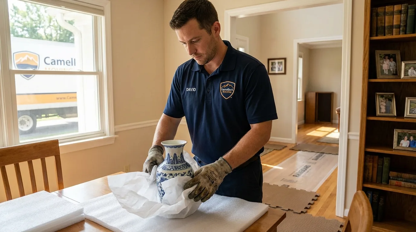 Professional crew carefully wrapping antique vase for senior downsizing move in Woodacre, CA
